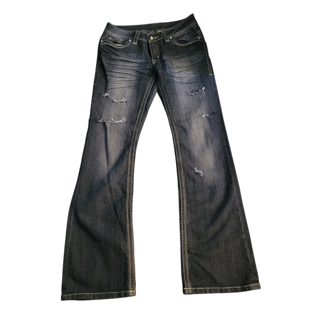 Womens Distressed Bootcut Jeans Size 8 Bling Button Detail Blue